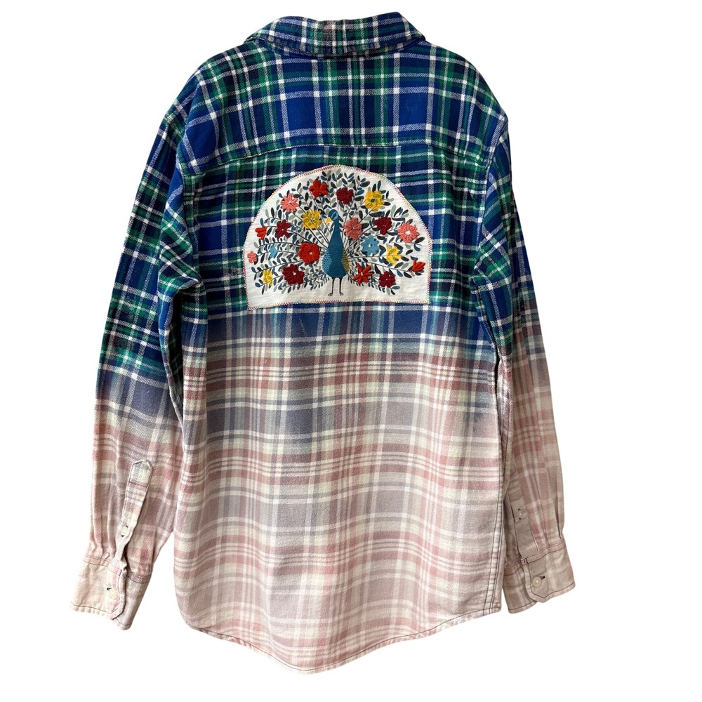 Gap Kids Custom Upcycled Embroidered Button Down Cotton L Plaid Ombre Peacock